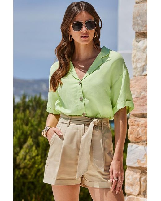 Sosandar Green Natural Relaxed Fit Belted Cotton Shorts