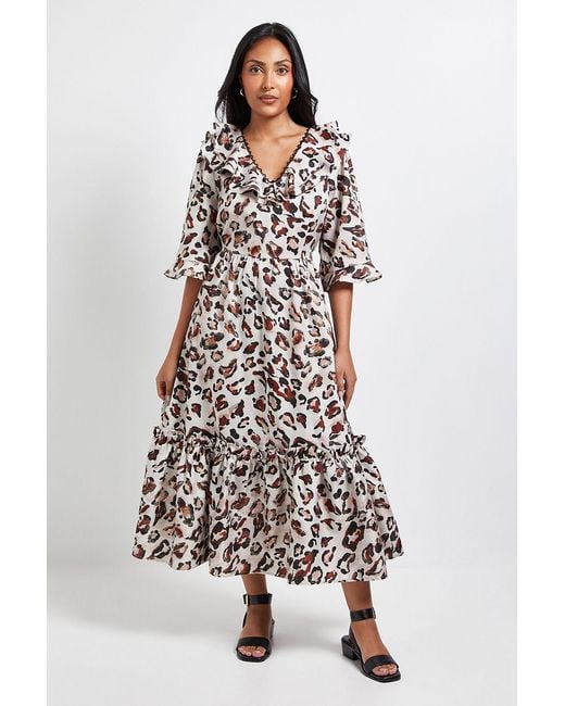 Wallis White Petite Leopard Ruffle Midi Dress