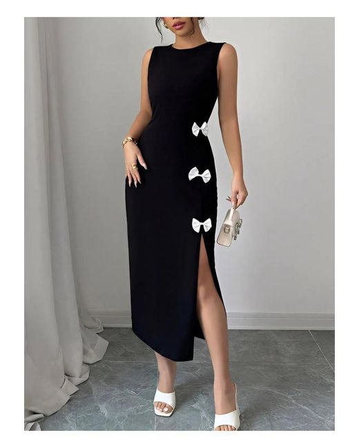 Everyday the Label Black Bow Slit Round Neck Sleeveless Dress