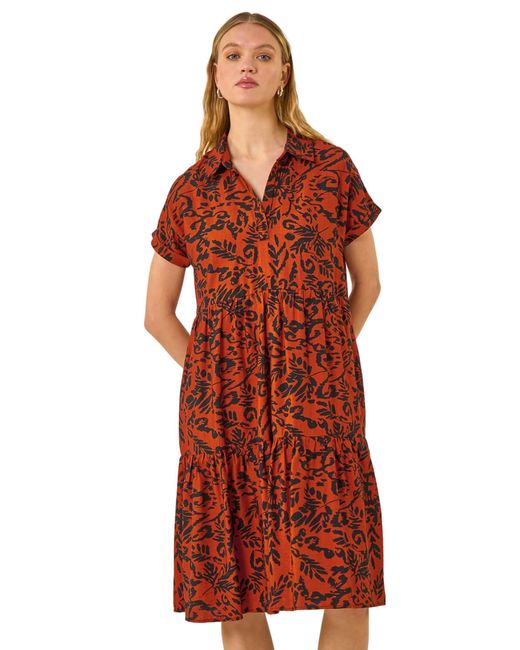 Roman Leaf Print Collared Smock Dress