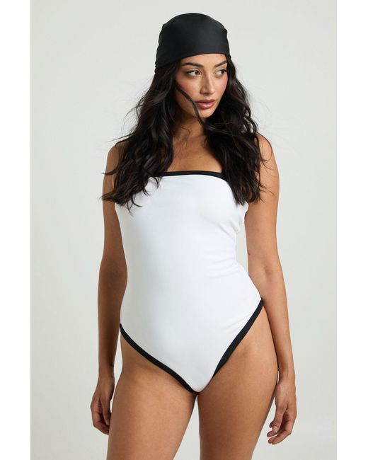 Boohoo White Tummy Control Contrast Square Neck Swimsuit