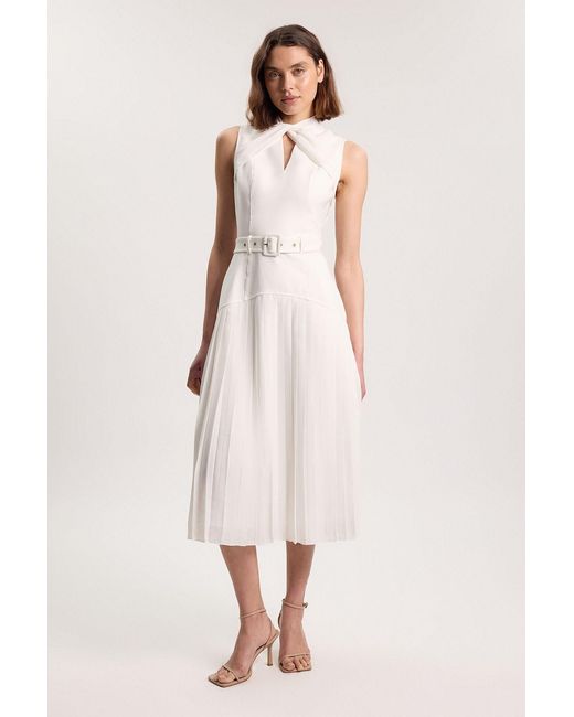 Karen Millen Natural Ponte And Textured Georgette Button Mix Cut Out Detail Pleated Maxi Dress