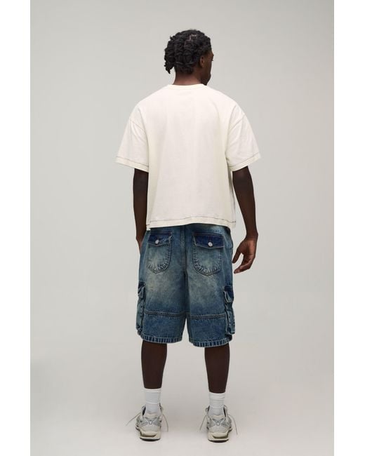 BoohooMAN Blue Baggy Fit Gusset Cargo Denim Shorts for men