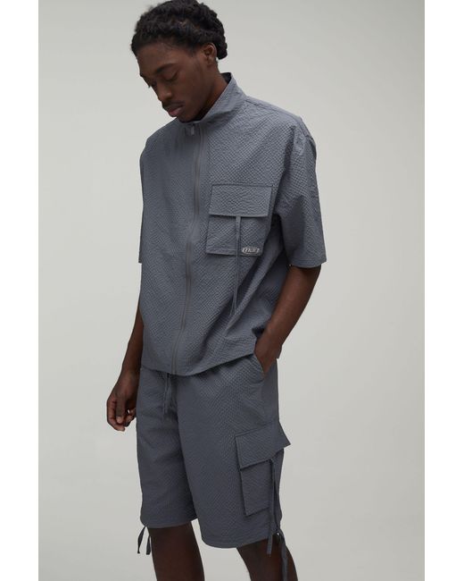 BoohooMAN Gray Oversized Funnel Neck Textured Ripstop Cargo Shirt & Longline Short Set for men