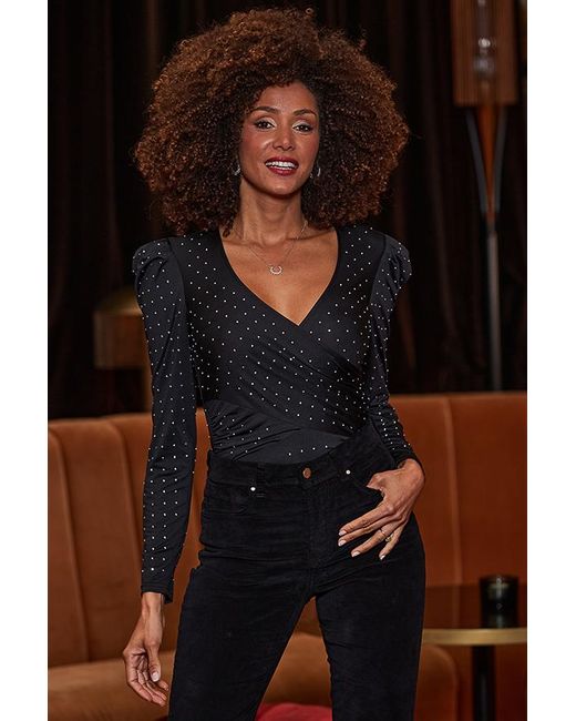Sosandar Black Dazzling Faux Wrap Top