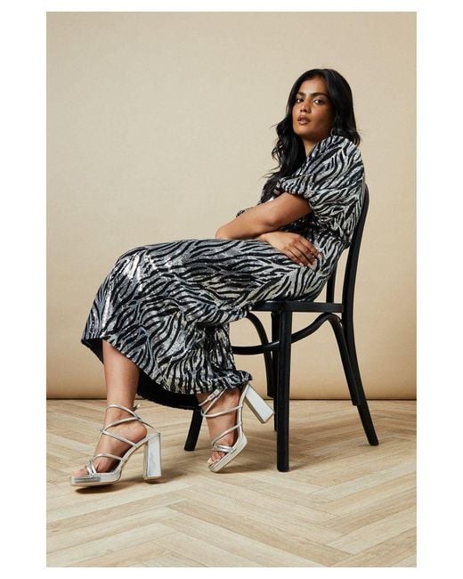 Oasis Blue Occasion Zebra Sequin Puff Sleeve Midi Dress