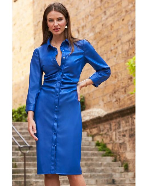 Sosandar Blue Cobalt Faux Leather Popper Front Dress