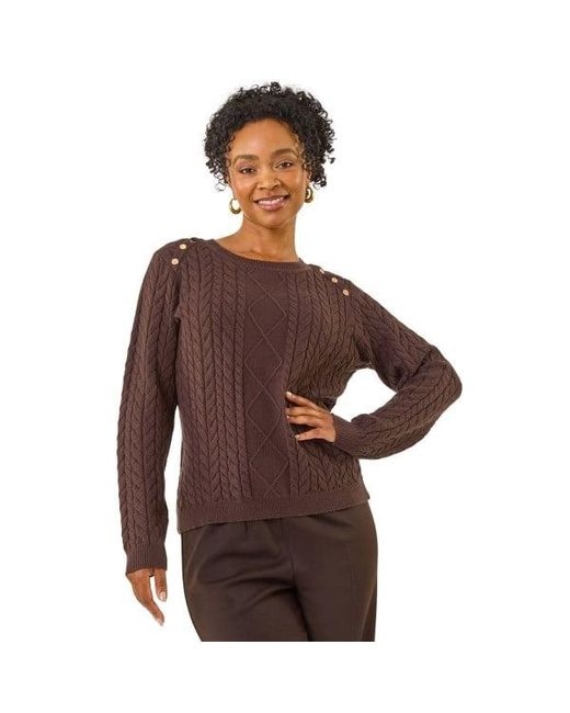 Roman Brown Petite Button Cable Knit Jumper