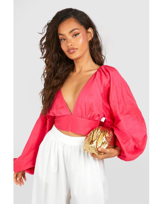 Boohoo Red Linen Look Balloon Sleeve Tie Back Crop Top