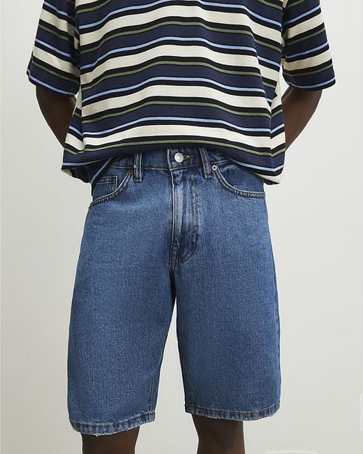 River Island Blue Shorts Regular Fit Denim Button Zip Cotton for men