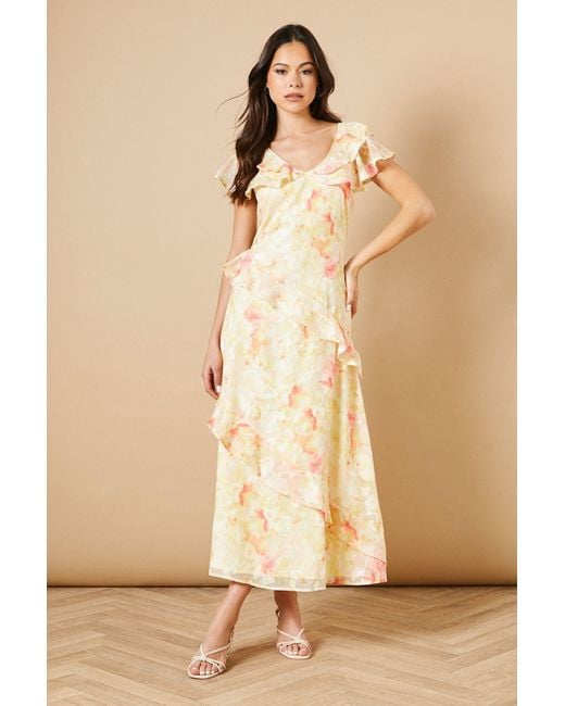 Oasis Natural Ruffle Sleeve Jacquard Midi Dress