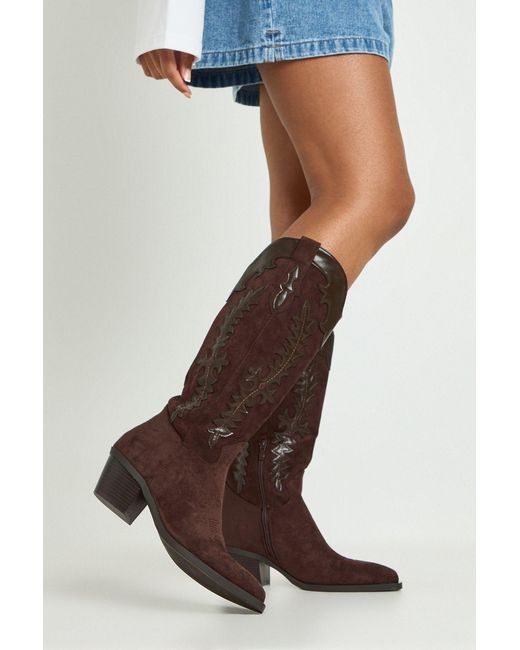Boohoo Blue Faux Suede Contrast Detail Knee High Western Boots