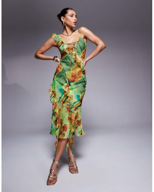 ASOS Green Plunge Lace Up Ruffle Cami Midi Dress Abstract Floral