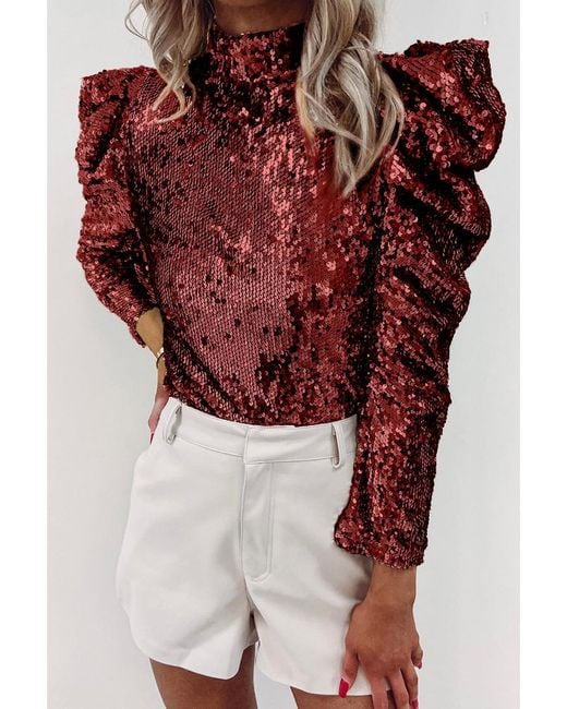 Azura Exchange Red Sequin Mock Neck Bubble Sleeve Top