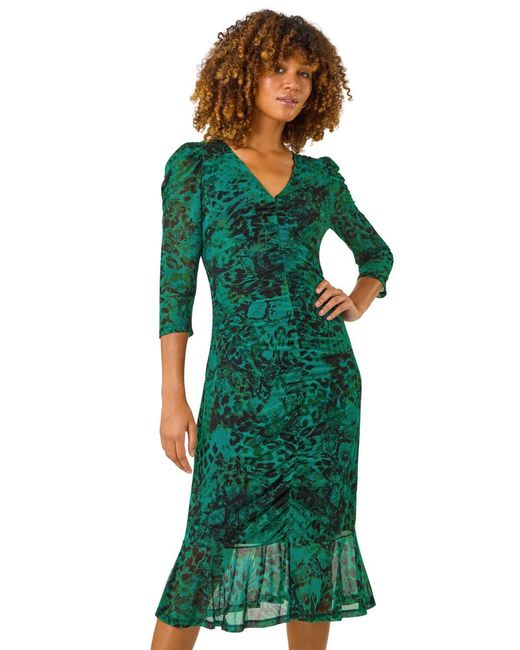 Roman Green Printed Mesh Midi Dress