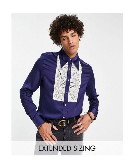 ASOS Blue Satin Shirt With Lace Bib And 70s Collar for men