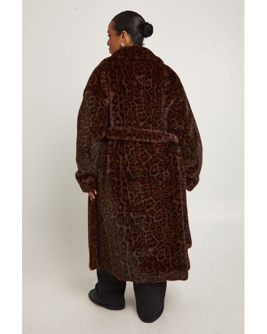 Boohoo Brown Plus Tie Waist Faux Fur Longline Jacket