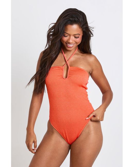 Boohoo Red Halter Neck Ruched Detail Swimsuit