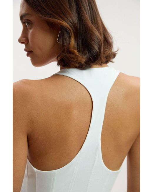 Karen Millen White Cotton Elastane Corset Detail Scoop Neck Bodysuit