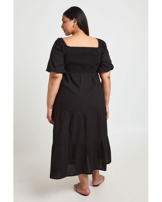 Boohoo Black Plus Linen Look Volume Sleeve Tiered Midaxi Dress