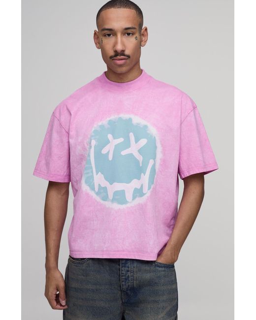 BoohooMAN Pink Oversized Boxy Tie Dye Smiley Face Print T-Shirt for men