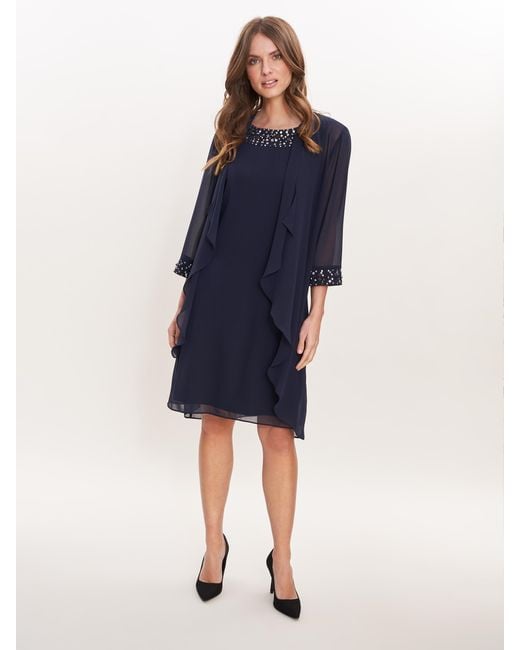 Gina Bacconi Blue Joseline Short Chiffon Jacket Dress With Beaded Neckline
