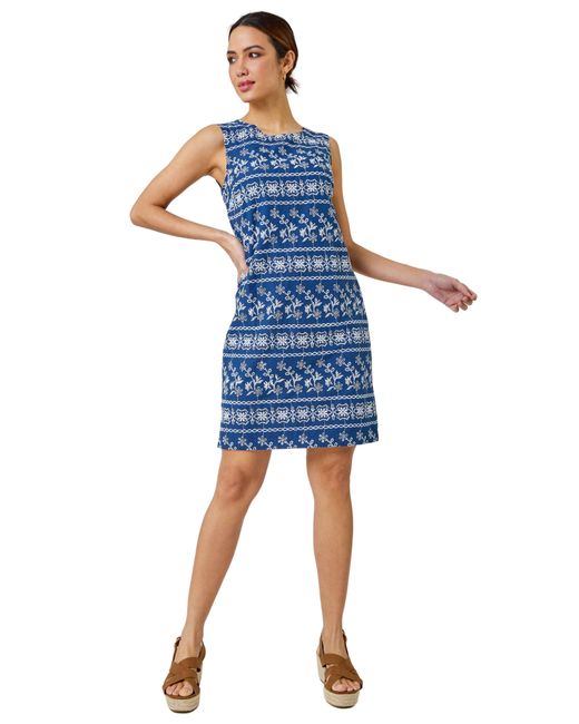 Roman Blue Embroidered Cotton Shift Dress