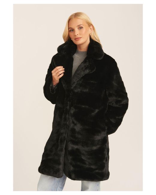 Gini London Black Faux Fur Lapel Collar Longline Coat