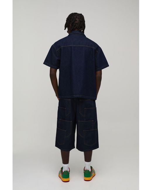BoohooMAN Blue Multi Pocket Boxy Oversized Denim Shirt for men