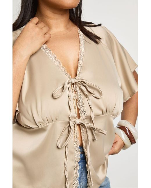 Boohoo Natural Plus Satin Lace Trim Tie Front Short Sleeve Top
