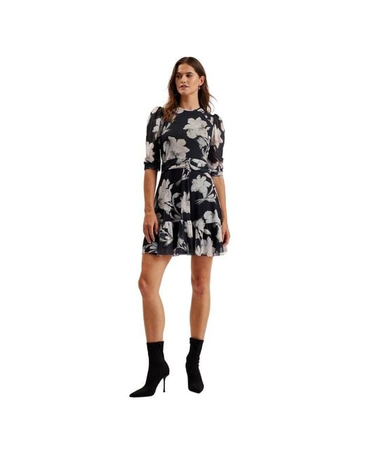 Ted Baker Black Carmel Gathered Shoulder Mesh Mini Dress
