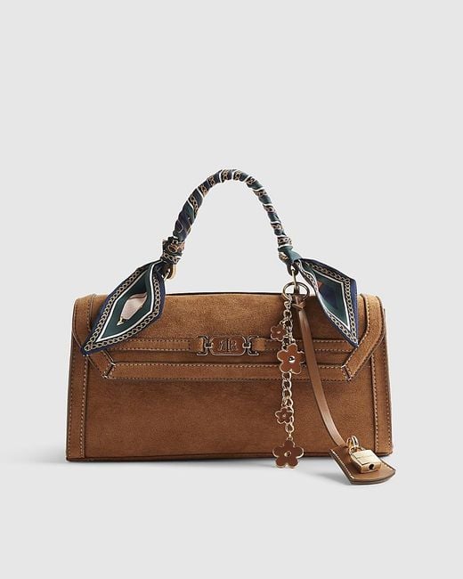 River Island Brown Crossbody Bag Faux Suede Charms Zip Popper