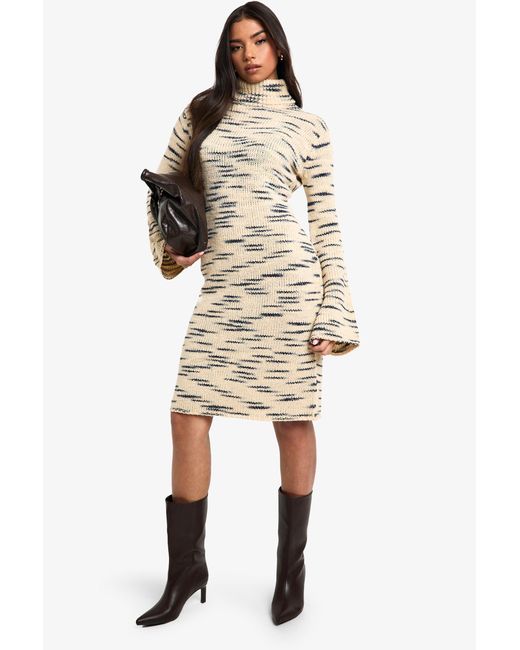 Boohoo Natural Premium Marl Knit Roll Neck Midi Dress