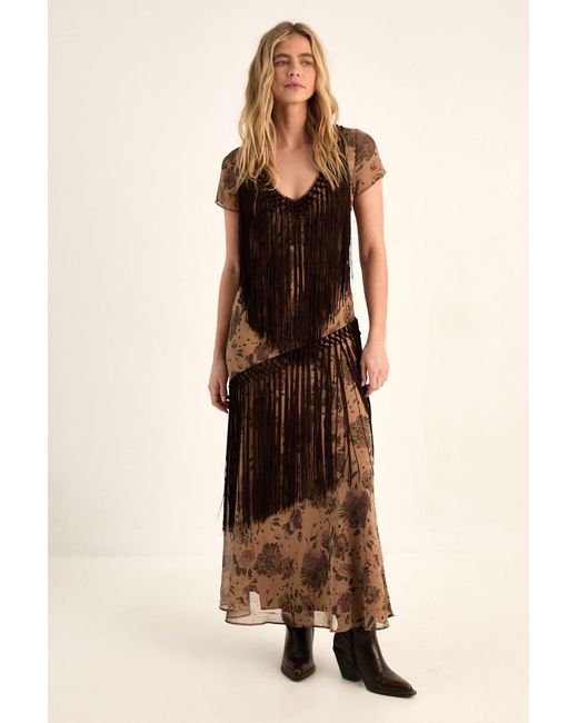 Nasty Gal Natural Floral Chiffon Fringe Maxi Dress