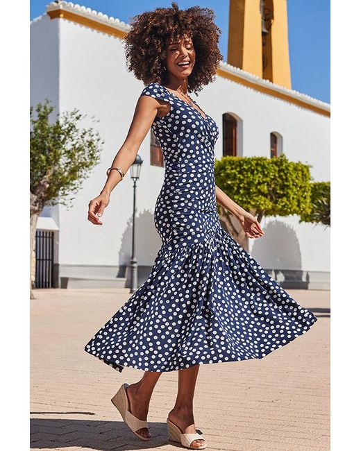 Sosandar Blue Spot Print Fit & Flare Bardot Dress