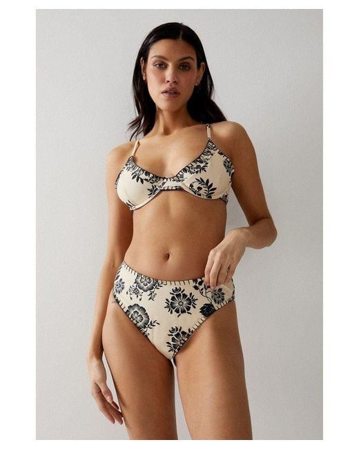 Warehouse Brown Floral Embroidered Stitch Underwire High Waisted Bikini Set