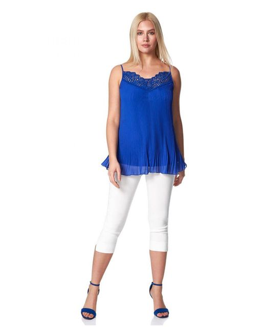 Roman Blue Pleated Lace Trim Cami Top