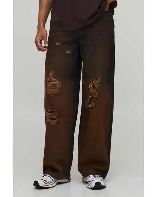 BoohooMAN Brown Tinted Ripped Baggy Fit Jeans for men