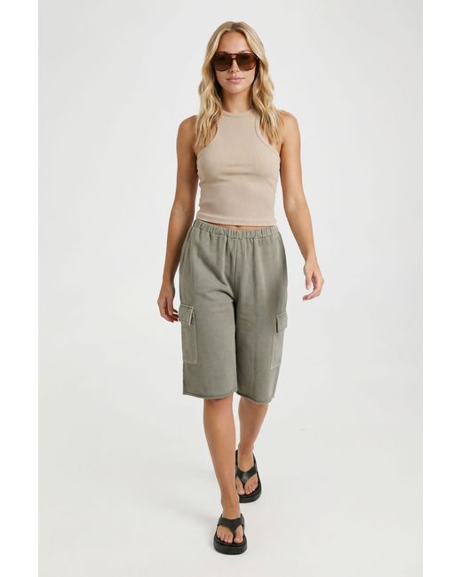 Boohoo Green Washed Loopback Raw Hem Low Rise Cargo Jort