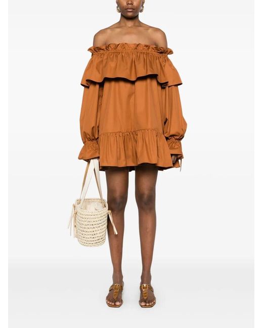 Saint Laurent Orange Off-The-Shoulder Cotton Twill Ruffled Mini Dress