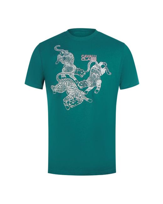 Roberto Cavalli Green Paisley Leopards Logo T-Shirt Cotton for men