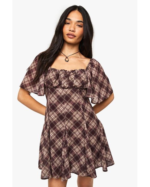 Boohoo Brown Check Chiffon Angel Sleeve Mini Dress