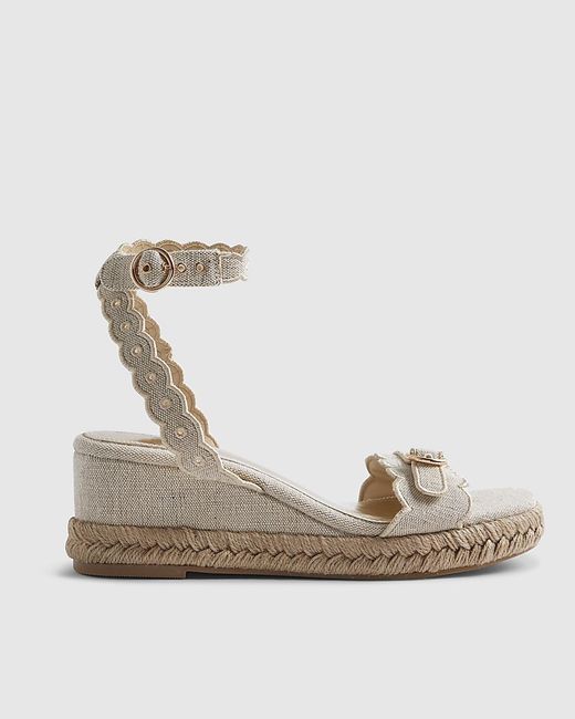 River Island Natural Wedge Sandals Scallop Trim Buckle Heeled