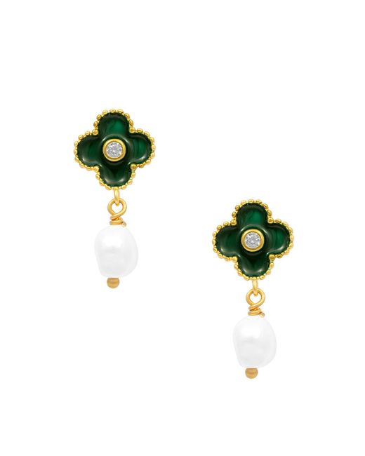 The Jewellery Stockroom Green Plated Sterling Enamel Clover Pearl Dropper Earrings