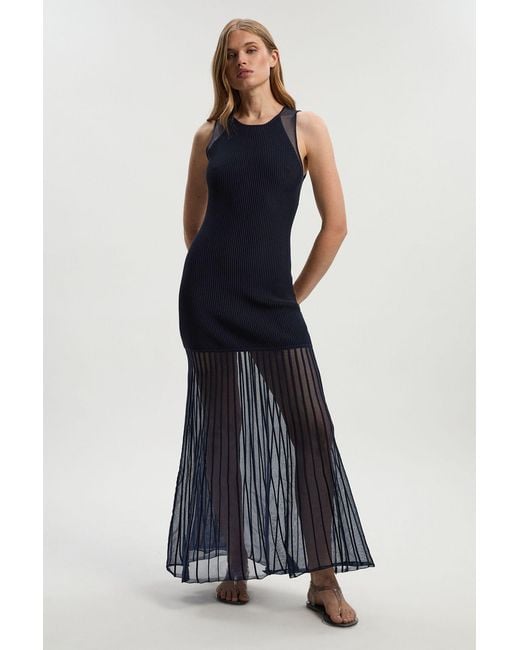 Karen Millen Blue Sleeveless Viscose Blend Knitted Dress With Sparkle Sheer Details