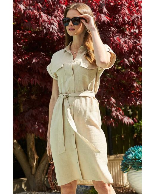 Sosandar Brown Natural Linen Short Sleeve Belted Shirt Dress