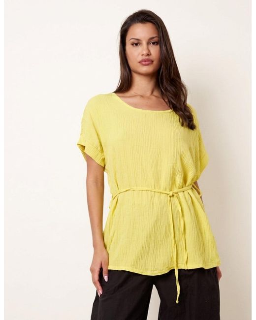 Blue Vanilla Yellow Belted Wide Sleeve Top