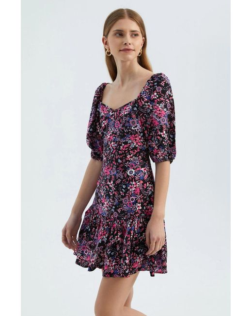 Hiccup Purple Floral V Neck Ruffled Balloon Sleeves Mini Dress
