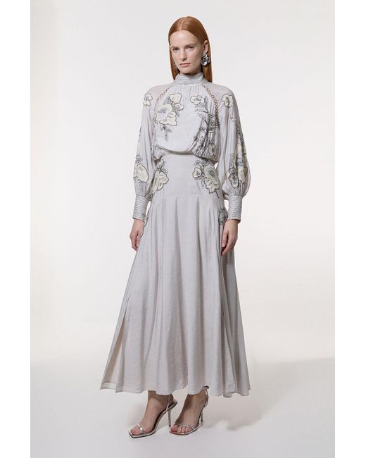 Karen Millen Gray Petite Balloon Sleeve Embroidered And Beaded Woven Maxi Dress