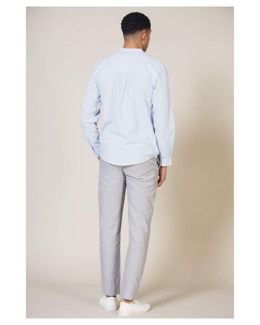 Nines White Linen Blend Long Sleeve Button-Up Shirt With Grandad Collar for men